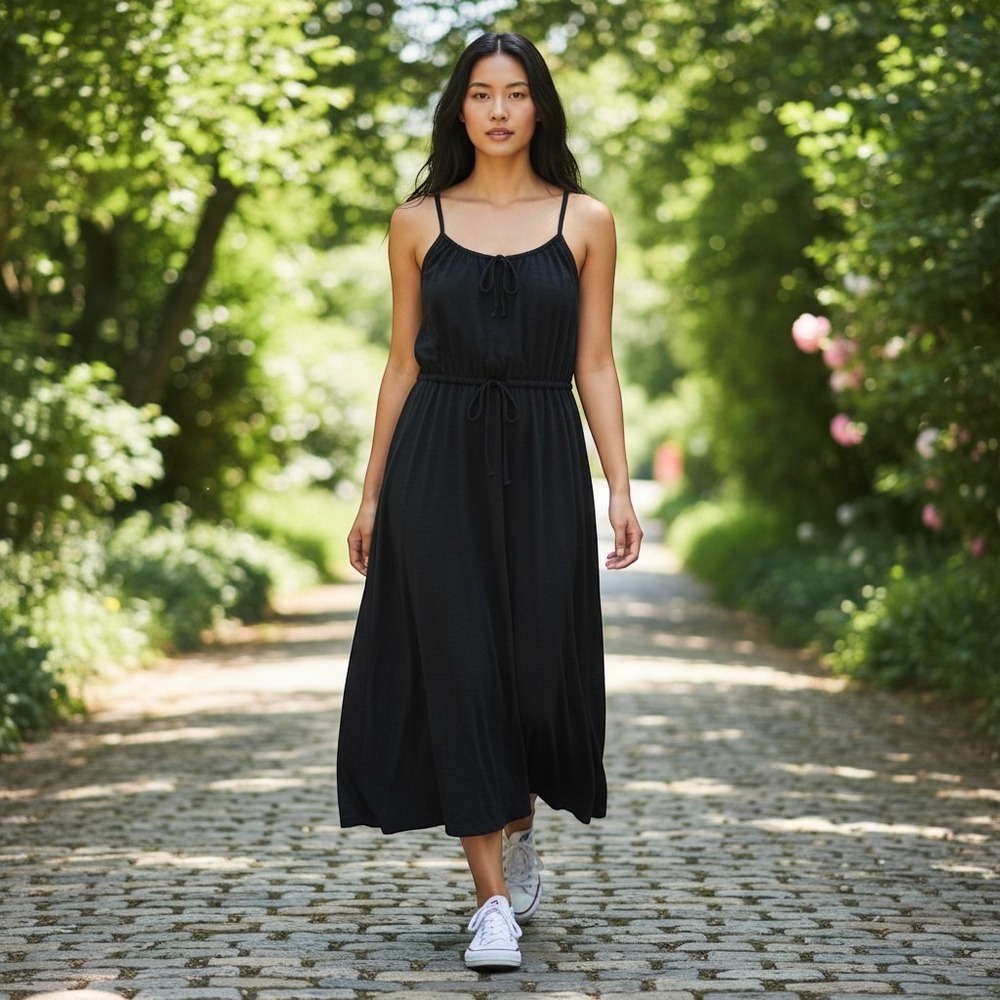 Dex maxi dress women size M black drawstring waist pockets slub knit casual